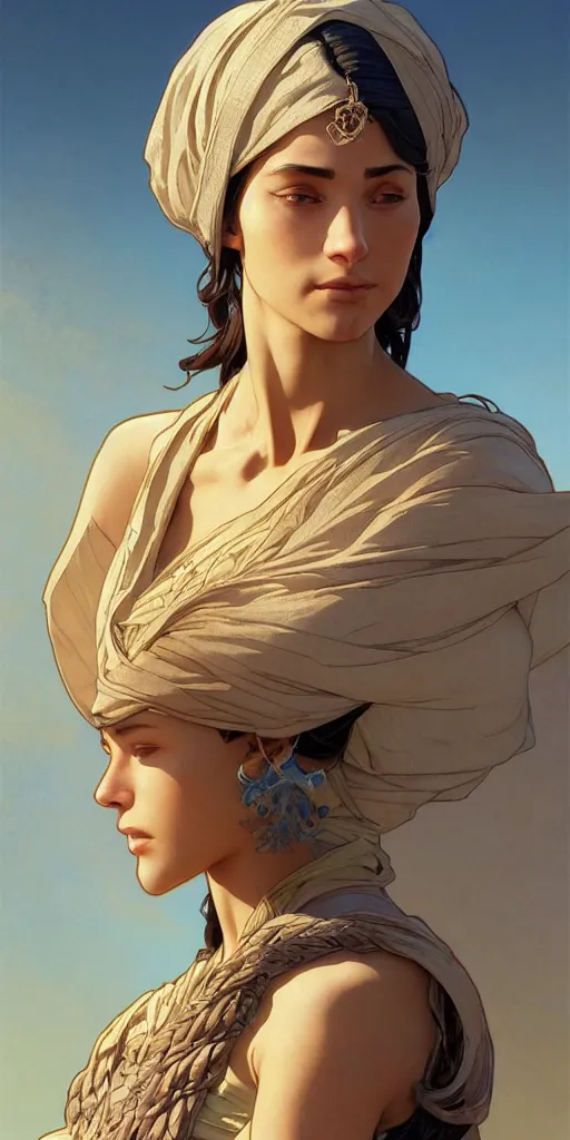 Prompt: charismatic female character, ancient, sand, indigo, intricate, highly detailed, digital painting, artstation, concept art, smooth, sharp focus, illustration, Unreal Engine 5, 8K, art by artgerm and greg rutkowski and alphonse mucha, by Jesper Ejsing, by RHADS, Makoto Shinkai and Lois van baarle, ilya kuvshinov, rossdraws