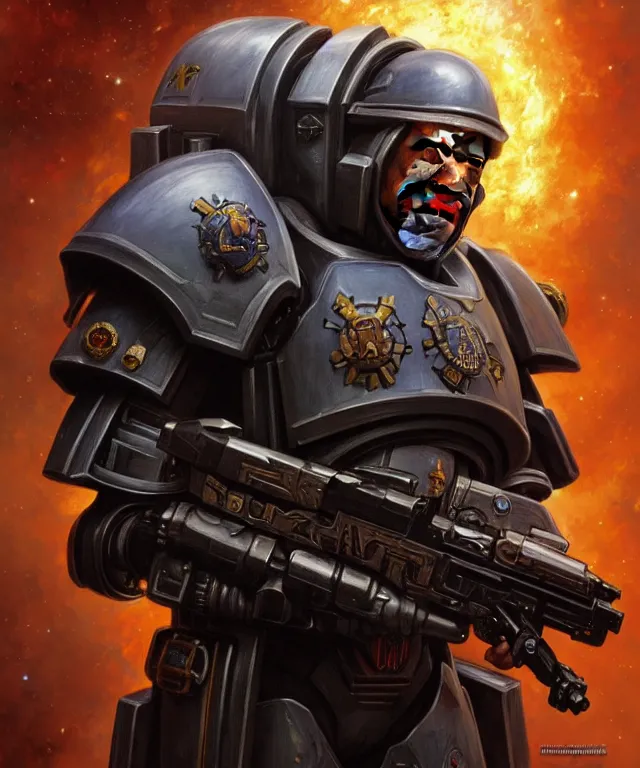 Image similar to morgan freeman as warhammer 4 0 k space marine chaplain, portrait, fantasy, intricate, elegant, highly detailed, digital painting, artstation, concept art, smooth, sharp focus, illustration, art by artgerm and greg rutkowski and alphonse mucha