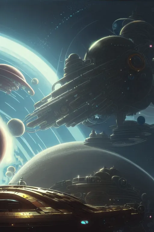 Image similar to steampunk spaceship infront of a planet, exquisite details, denoised, mid view, by karl kopinski, artsation, greg rutkowski, makoto shinkai, takashi takeuchi, studio ghibli