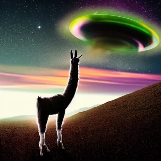 Image similar to a llama being abducted by ufos