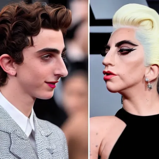 Image similar to timothee chalamet and lady gaga meet eachother, highly beautiful faces, highly detailed