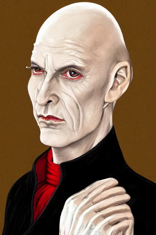 Image similar to a bald pale sorcerer in his late nineties. stately and dour in his expression. eyeliner accentuates his sunken eyes. a high black turtleneck covers his thin neck. opulent white golden red robe. white leather gloves with gold decoration, black turtleneck, sharp focus, illustration, digital painting, art by magali villeneuve