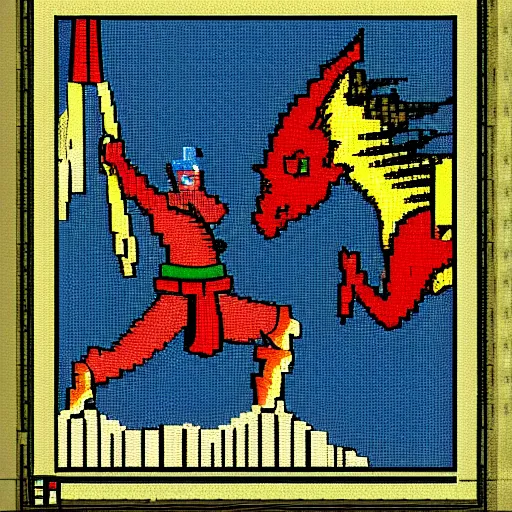 Prompt: a samurai versus a dragon in pixel art