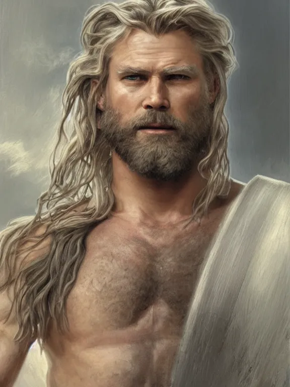 Image similar to painted portrait of rugged thor, god of thunder, norse god, white hair, masculine, mature, handsome, upper body, grey and silver, muscular, hairy torso, fantasy, intricate, muscular, elegant, highly detailed, digital painting, artstation, concept art, smooth, sharp focus, illustration, art by gaston bussiere and alphonse mucha