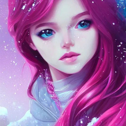 Image similar to teen girl, pink hair, gorgeous, amazing, elegant, intricate, highly detailed, snowy background, digital painting, artstation, concept art, sharp focus, illustration, art by Ross tran