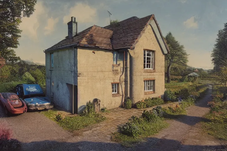 Image similar to cyberpunk, an estate agent listing external photo of a 5 bedroom detached house in the countryside, by Paul Lehr, highly detailed, photorealistic, 8k, anamorphic, cinestill cinematrography