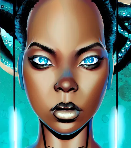 Image similar to a digital painting of a black female android with futuristic hair, side portrait, a comic book panel by Craig Thompson, behance contest winner, afrofuturism, marvel comics, official art, artstation hq