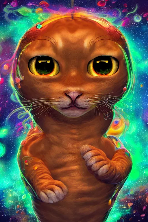 Image similar to Recursive image with a well rounded Calico feline, large eyes, shiny soft fur, anatomically correct, surrounded by mirroring swirling wisps of jelly, oil pastels and gold, in the style of Katsuhiro Otomo, modeled in Poser, Redshift render, UHD