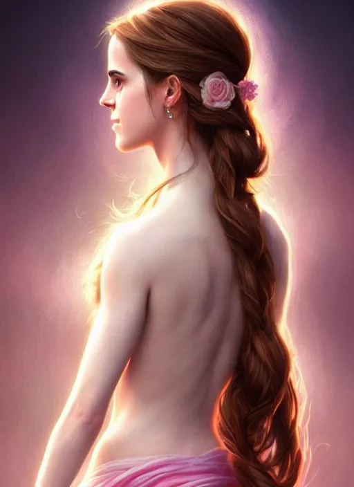 Prompt: emma watson as magic healer goddess, long hair, white and pink cloth, D&D, shiny background, intricate, elegant, highly detailed, digital painting, artstation, concept art, smooth, sharp focus, illustration, artgerm, bouguereau