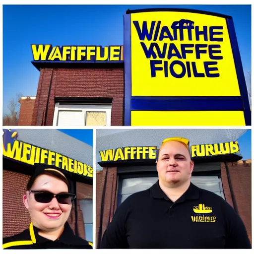 Image similar to wafflehouse employee's standing below wafflehouse sign, employees uniform is blue and black with yellow name tags