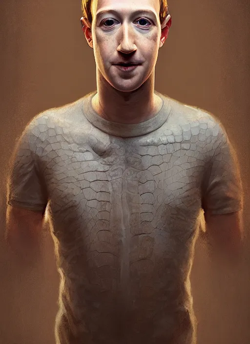 Image similar to portrait of mark zuckerberg with long long neck and lizard eyes and snake tongue, hyper detailed, digital art, trending in artstation, cinematic lighting, studio quality, smooth render, unreal engine 5 rendered, octane rendered, art style by klimt and nixeu and ian sprigger and wlop and krenz cushart.