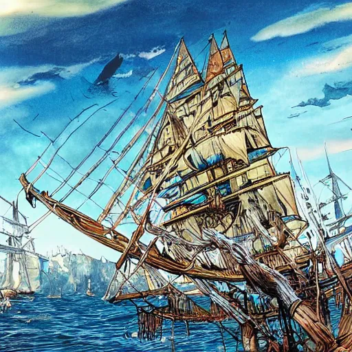 Image similar to a brigantine - type pirate ship with a lawn and fruit tree on her deck as well as an observation tower and huge masts, intricate, elegant, highly detailed, smooth, sharp focus, high contrast, colourful, dramatic lighting, graphic novel, art by ardian syaf and pepe larraz,