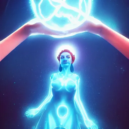 Prompt: a powerful goddess woman floating with a glowing orb of blue power in her hand, trending on artstation, colourful, powerful, dark, mysterious, maximalist, full body shot, japanese, unreal engine 5