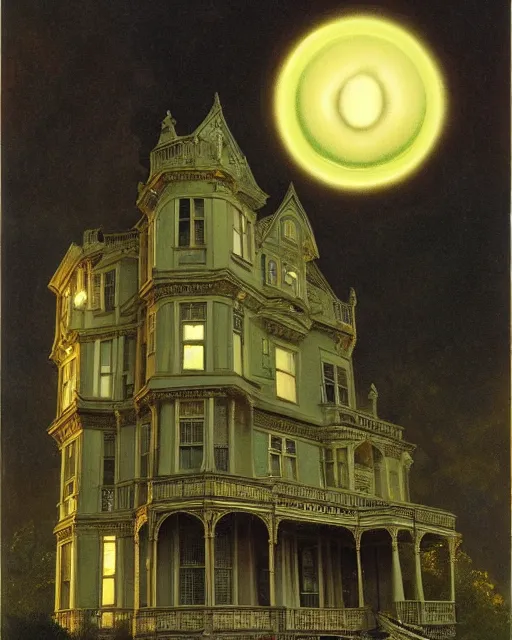 Image similar to a wide angle low photo of a ghostly victorian mansion at night lit by spectral glowing orbs by thomas blackshear