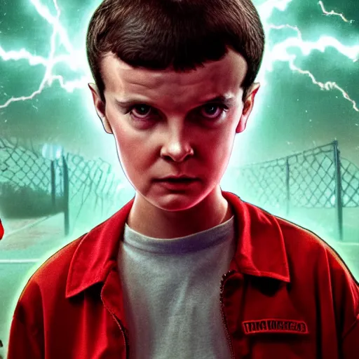 Image similar to stranger things eleven fighting vecna 4 k realistic