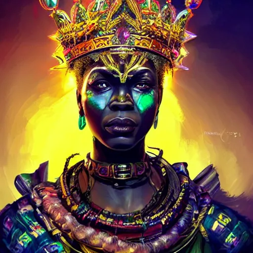 Prompt: a dark and ominous african queen with glowing eyes and a golden crown with a ruby and an emerald in her forehead, Apex Legends character digital illustration portrait design, by android jones and greg rutkowski in a cyberpunk voodoo style, detailed, cinematic lighting, wide angle action dynamic portrait