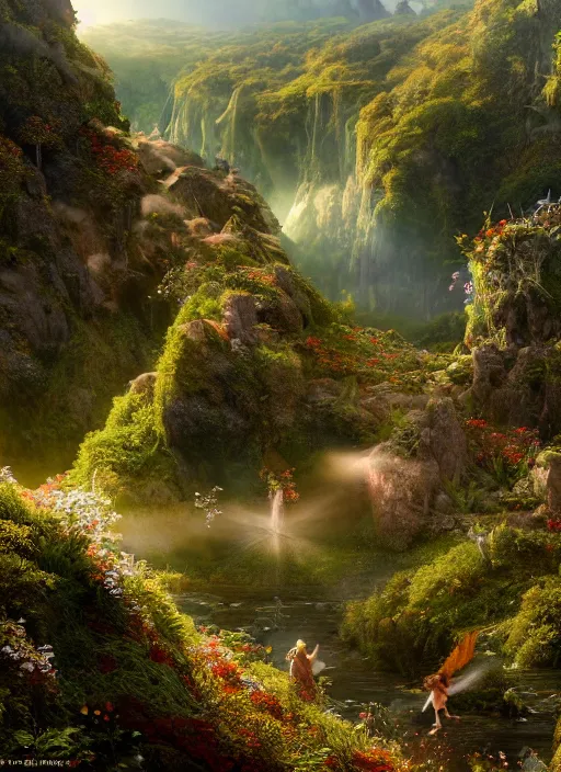 Prompt: a flying fairy in the distance of a lord of the rings scenery landscape, a vast lush valley flowers and wood structures, stream, sunrise, god's rays highly detailed, vivid color, cinematic lighting, cosmic, perfect composition, 8 k, gustave dore, derek zabrocki, greg rutkowski, belsinski, octane render