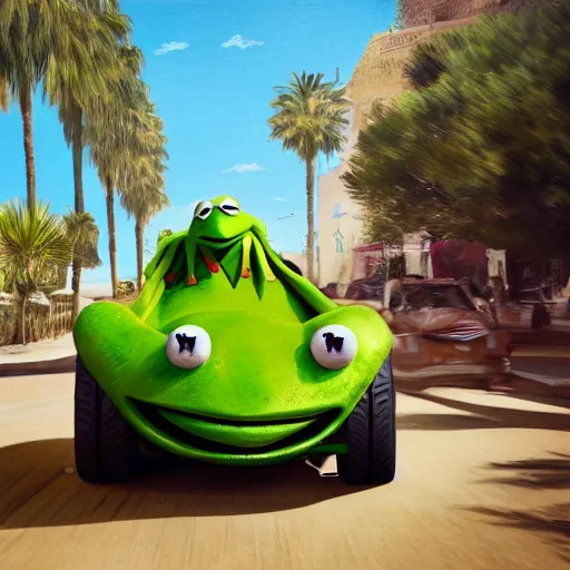 Image similar to illustration of kermit the frog driving in marrakech, morocco, palm trees, 8 k, octane render, hyperdetailed, illustration, oil painting