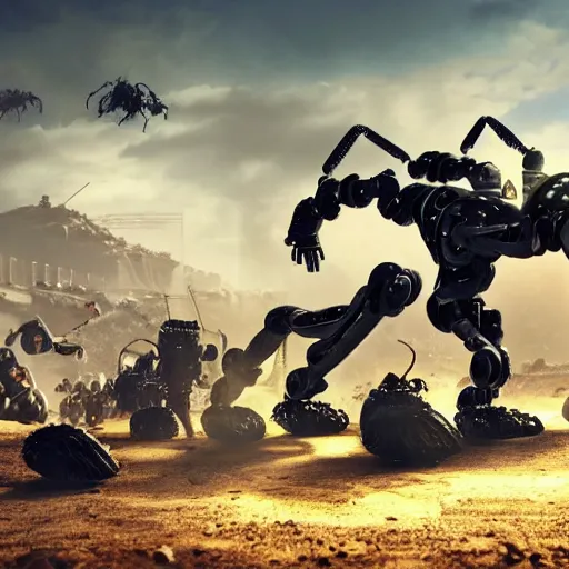 Image similar to a robot scorpion on a battlefield, epic composition, 4 k