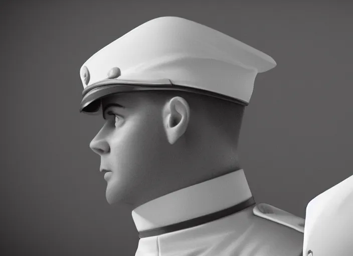 Image similar to proud man wearing a white tunic uniform, tab collars, front face, no medals, no epaulette, his arms are behind his back, ultra realistic, 4 k, movie still, uhd, sharp, detailed, cinematic, render, modern