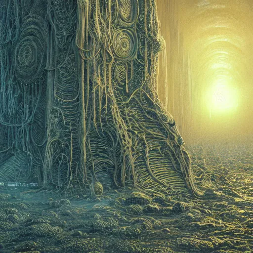 Image similar to photorealistic eldritch honeypunk alien architecture in the style of gustave dore and michael whelan. hyperdetailed photorealism, 1 0 8 megapixels, amazing depth, high resolution, 3 d shading, 3 d finalrender, 3 d cinematic lighting, glowing rich colors, psychedelic overtones, artstation concept art.