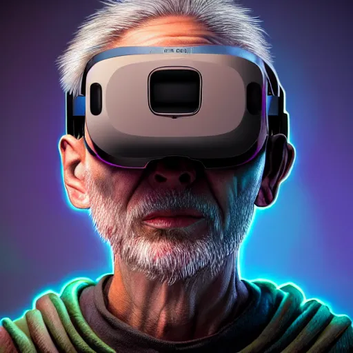 Image similar to Colour Photography of 1000 years old man with highly detailed 1000 years old face wearing higly detailed cyberpunk VR Headset designed by Josan Gonzalez Many details. . In style of Josan Gonzalez and Mike Winkelmann andgreg rutkowski and alphonse muchaand Caspar David Friedrich and Stephen Hickman and James Gurney and Hiromasa Ogura. Rendered in Blender with Minecraft style