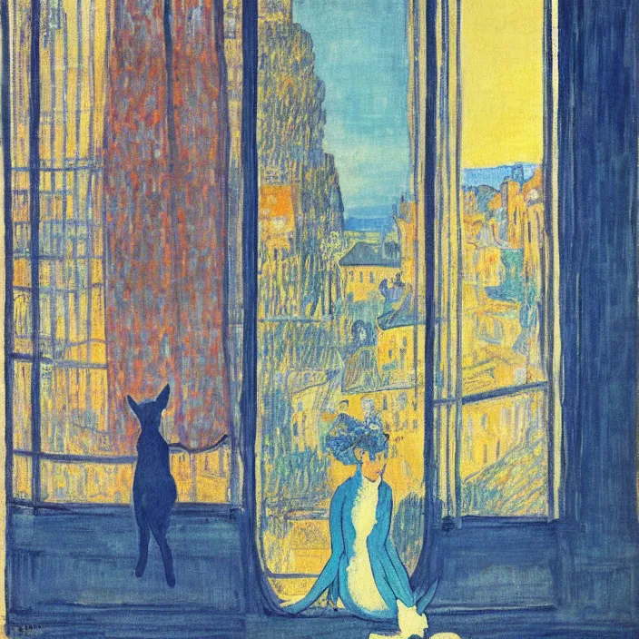 Prompt: woman in vermillion dress and white cat with city with gothic cathedral seen from a window frame with curtains. dark indigo blue, turquoise, gold, earth brown. sunset. bonnard, henri de toulouse - lautrec, utamaro, matisse, monet