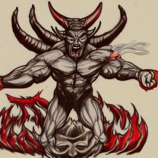 Prompt: full body drawing by Luke Starkie of a muscled horned Satan Devil , swimming tuxedo, red flames in background