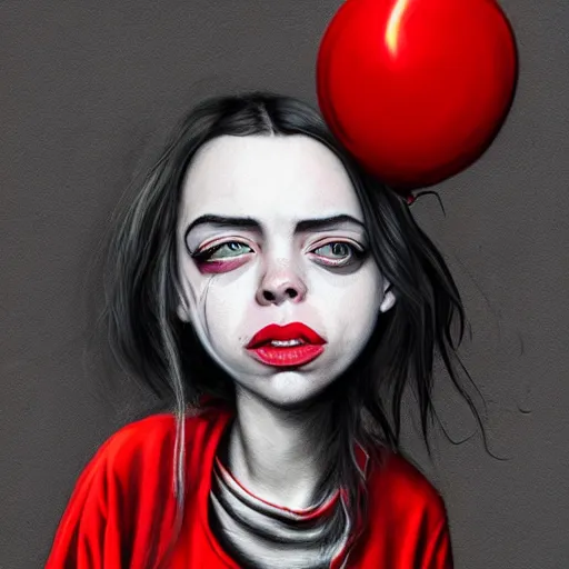 Image similar to surrealism grunge cartoon portrait sketch of billie eilish with a wide smile and a red balloon by - michael karcz, loony toons style, monsters inc style, horror theme, detailed, elegant, intricate