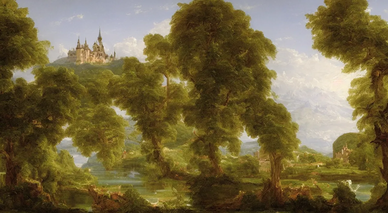 Image similar to a landscape painting of a French castle, with a garden, by Thomas Cole