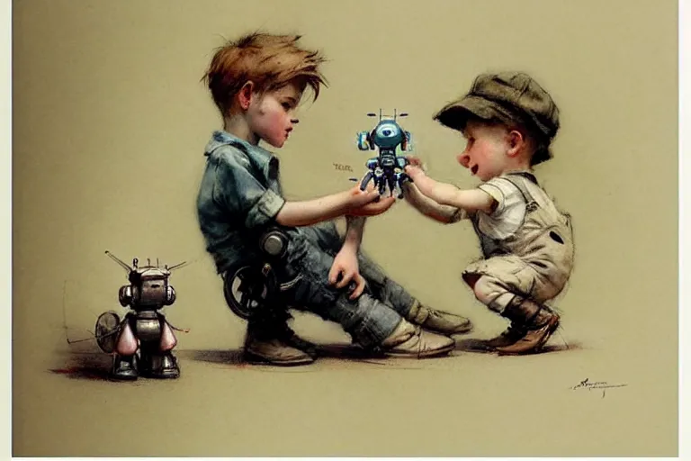 Image similar to (((((1950s boy and his small pet robot . muted colors.))))) by Jean-Baptiste Monge !!!!!!!!!!!!!!!!!!!!!!!!!!!