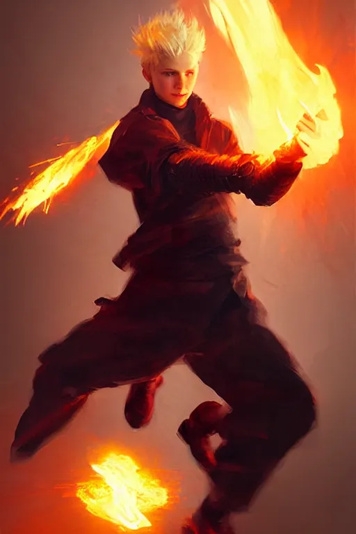 Prompt: character art by ruan jia, young man, blonde hair, on fire, fire powers
