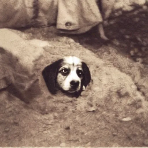 Image similar to photograph of a puppy in a trench ww2 grainy 35mm film