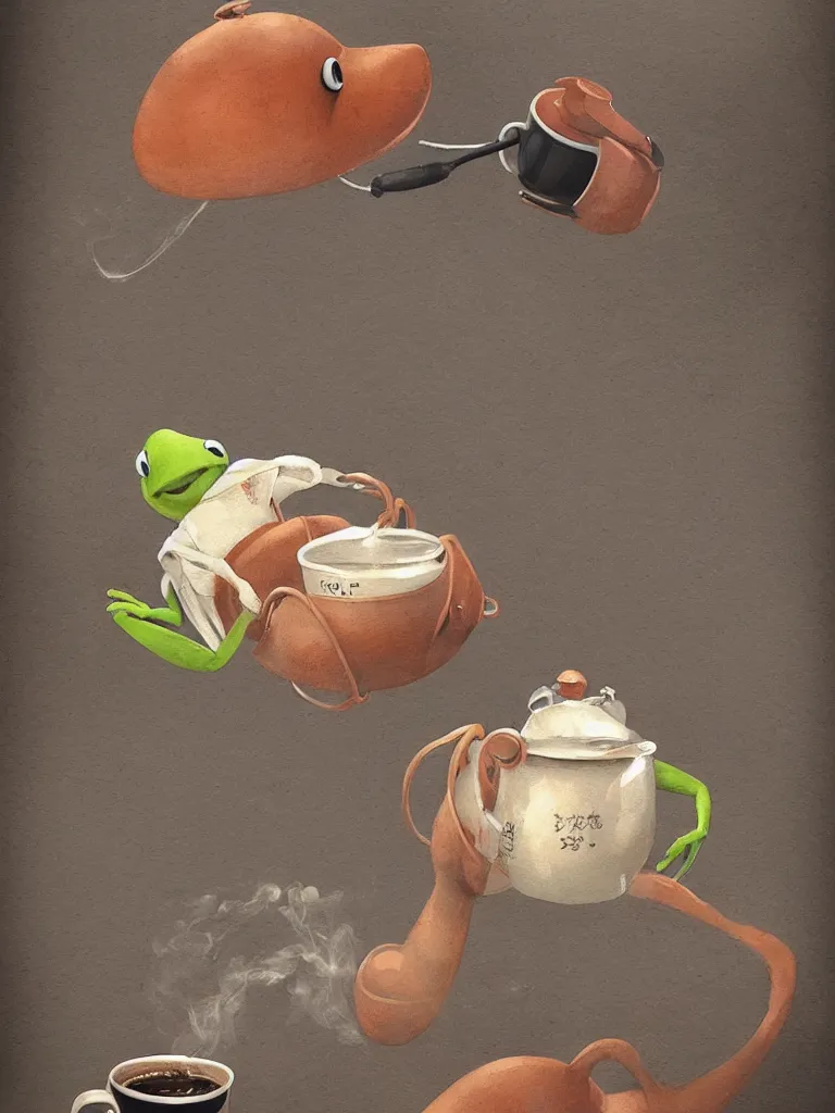 Image similar to kermit offers a cup of fresh steaming coffee, serene illustration, by Yoshita Amano, by Esao Andrews, sharp focus, fresh colors, conceptart, trending on artstation