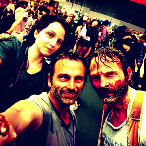 Image similar to selfie shot by a walking dead zombie with rick grimes at comic con