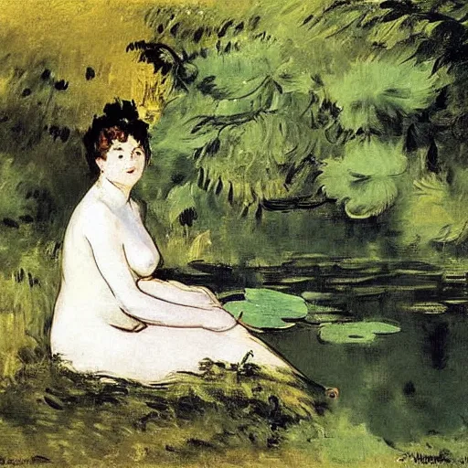 Image similar to a fairy sitting near a pond in the forest by edouard manet