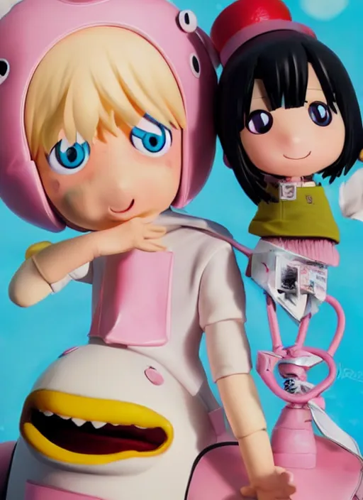 Image similar to a hyperrealistic oil painting of a kawaii vocaloid figurine caricature with a big dumb grin and pretty sparkling anime eyes featured on Wallace and Gromit by studio trigger