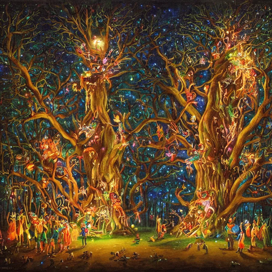 Prompt: a night carnival around a magical tree cavity, with a surreal orange moonlight and fireworks in the background, next to a lake with iridiscent water, christmas lights, folklore animals and people disguised as fantastic creatures in a magical forest by summer night, masterpiece painted by karl briulov, dark night environment