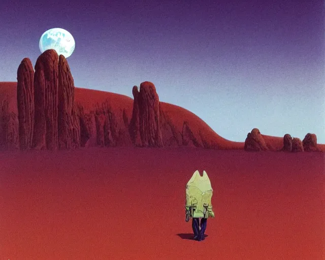 Image similar to roger dean 1 9 8 0 s art of a lone wanderer walking in the dry desert of a strange bizarre alien planet surface, moon in sky, imagery, illustration art, album art