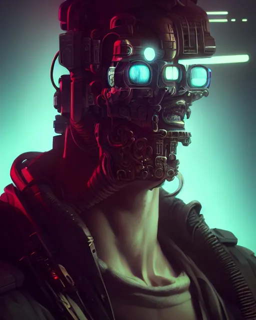 Image similar to cyberpunk male portrait, handsome, sci fi, cyborg, gears, complex 3 d render by ilya kuvshinov, peter mohrbacher, greg rutkowski, ryohei hase, dramatic lighting, intricate, highly detailed, sharp focus, luminous, unreal engine, blender, artstation, masterpiece, ray tracing