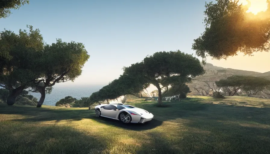 Image similar to sicilian white villa built on the edge of a hill, lamborghini, sunrise, sea, trees, wide view, hyperdetailed, artstation, cgsociety, 8 k