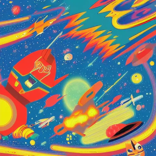 Image similar to a beautiful computer art of a space battle with wild, bright colors. navajo white by nathan spoor, by richard scarry subdued