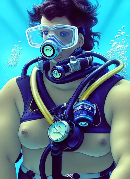 Image similar to underwater scuba diver eric pickles, natural lighting, path traced, highly detailed, high quality, digital painting, by don bluth and ross tran and studio ghibli and alphonse mucha, artgerm