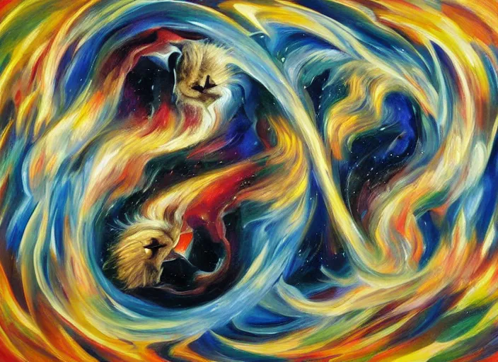 Prompt: An oil on canvas painting of two lions, void vortex, cosmic, by Wojciech Siudmak and Giacomo Balla, aesthetically pleasing composition, masterpiece, ultra realistic, super realistic, 4k, 8k