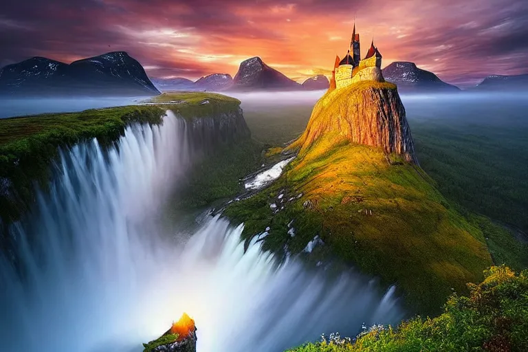 Image similar to Gediminas Pranckevicius amazing landscape photo of mountains of Norway with lake and castle on top of a waterfall with infinite view at sunset by marc adamus beautiful dramatic lighting ,