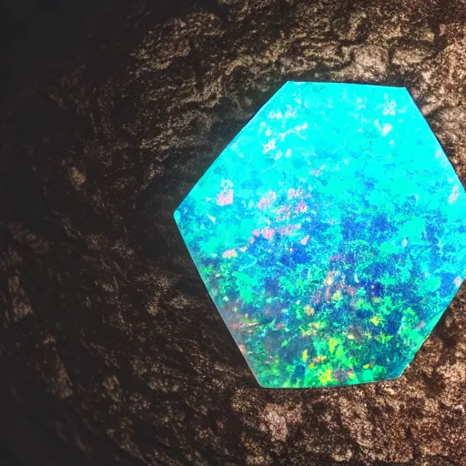 Prompt: An opal gem shaped like a hexagon on a rock in a cave, studio lighting, dramatic photo, artificial fog