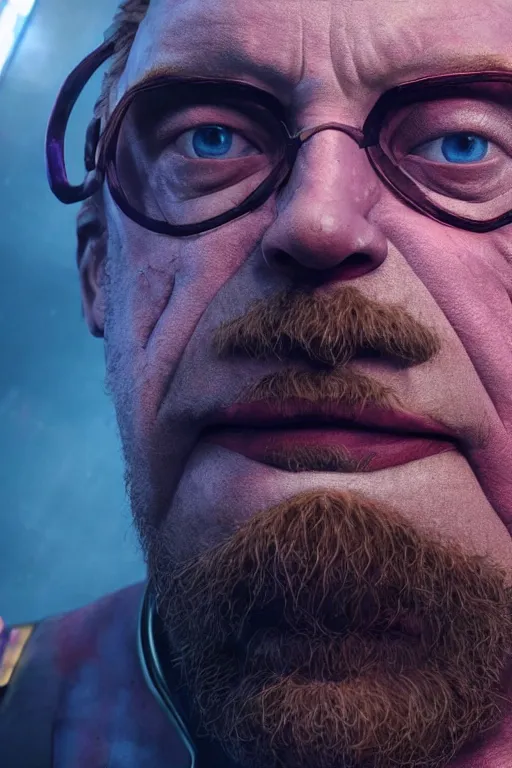 Prompt: A still of Sam Hyde as Thanos in Avengers Endgame, close-up, sigma male, rule of thirds, award winning photo, unreal engine, studio lighting, highly detailed features, interstellar space setting