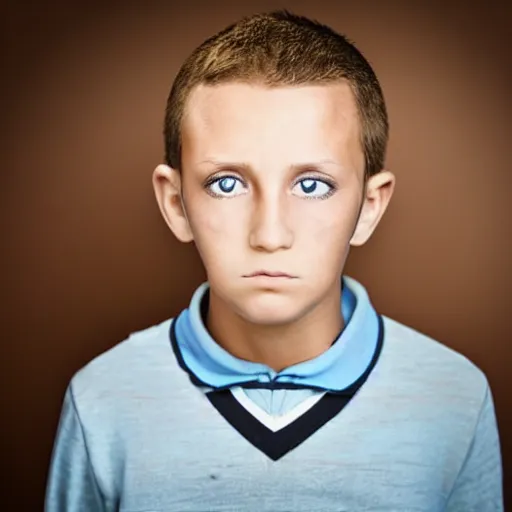 Image similar to serious looking 9 year old boy with crossed googly eyes