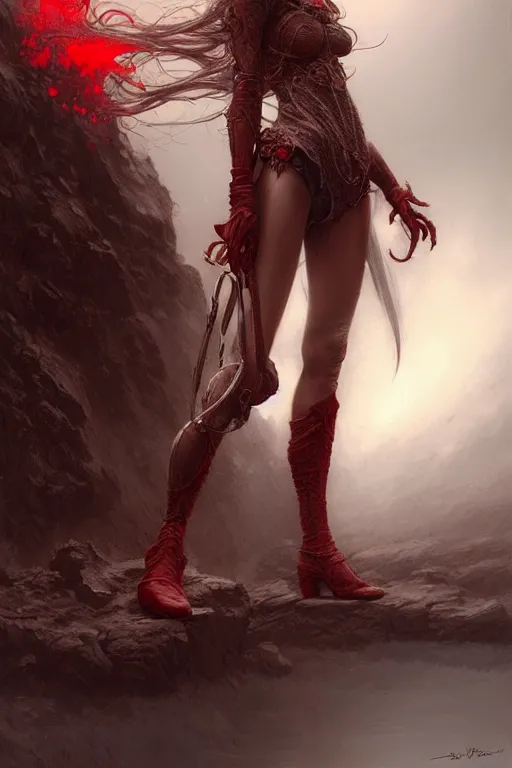 Image similar to red women's boots, shoes only, by wlop, by luis royo, by peter mohrbacher, concept art, digital illustration, intricate, masterpiece, elegant, super detailed, unreal engine rendering, smooth, sharp focus, artstation hq