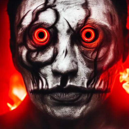 Prompt: demon man with smoke pouring out of his eyes, intricate patterns on skin, portrait, ominous, evil, glowing red eyes